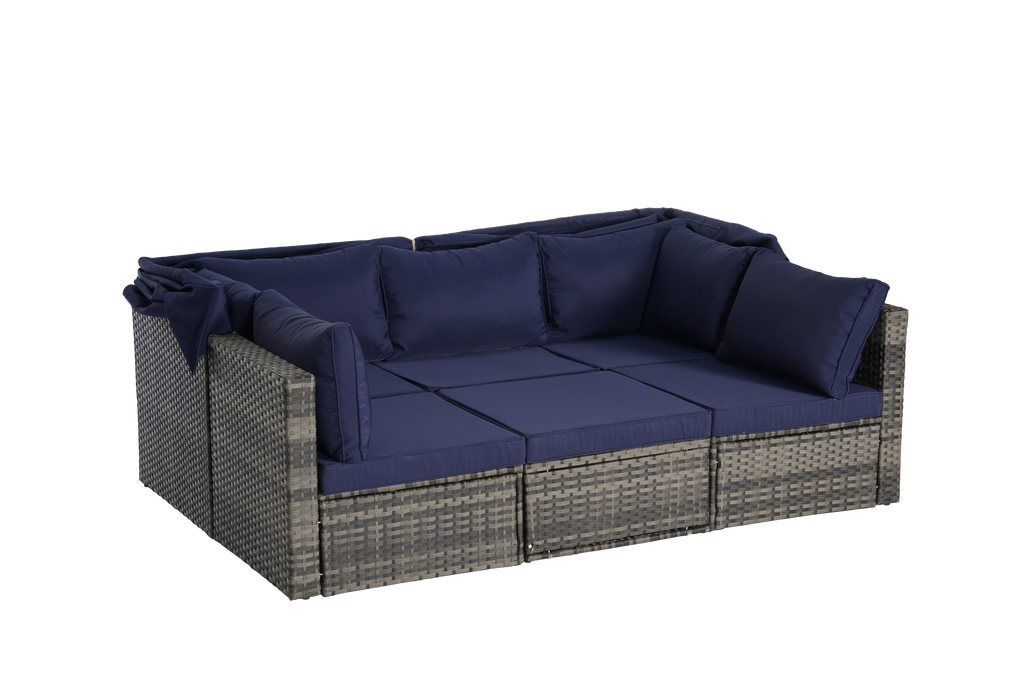 5 Pieces Outdoor Patio Wicker Daybed Furniture Set with Retractable Canopy, Storable Side Table, and Soft Cushions for Relaxing in Your Backyard or Porch