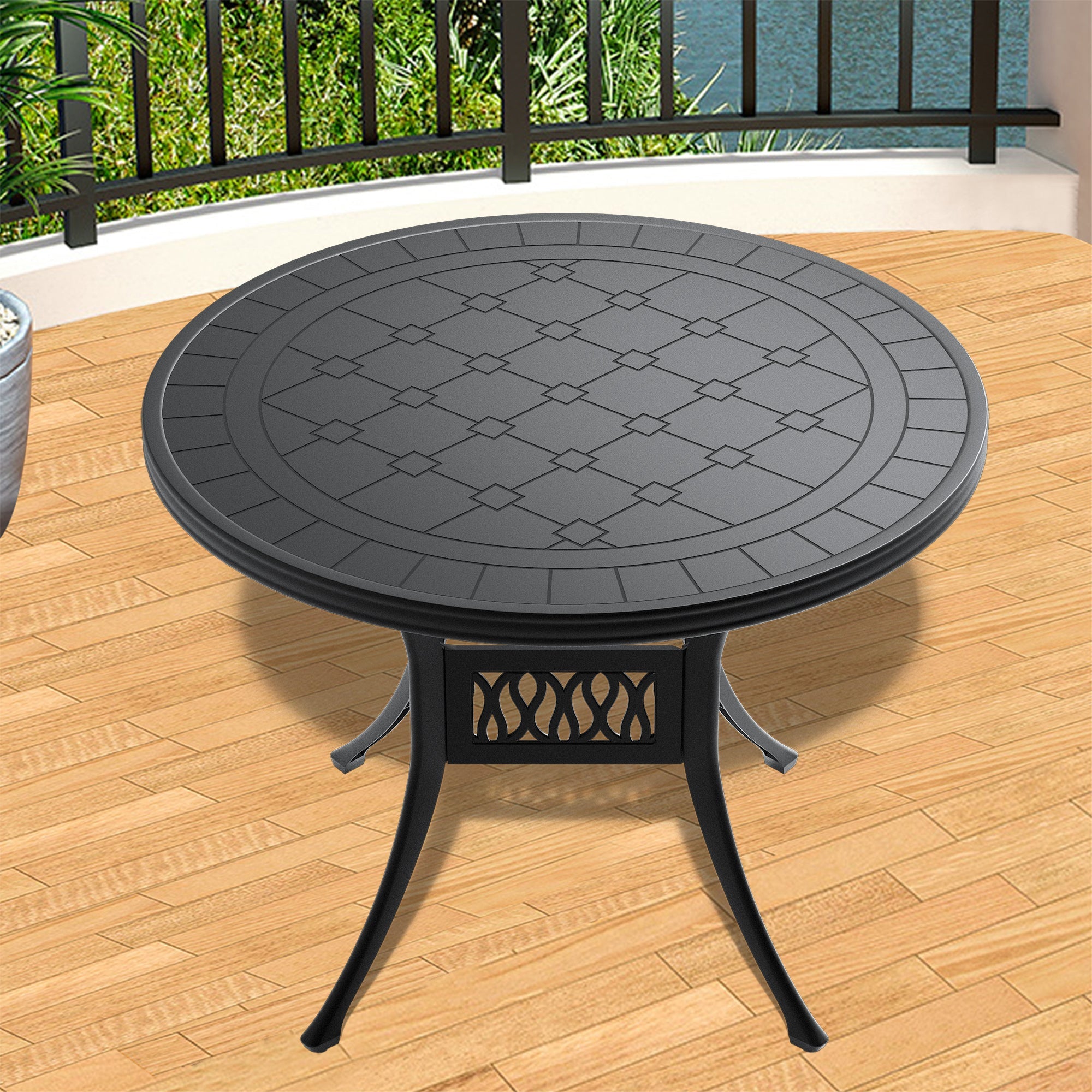 Ø39.37-inch Cast Aluminum Patio Dining Table with Black Frame and Carved Texture on the Tabletop