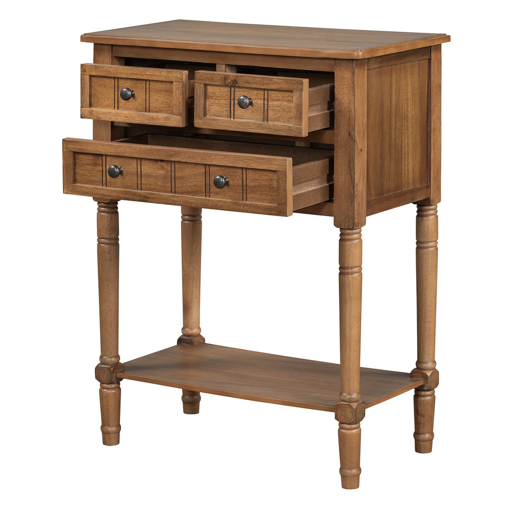 TREXM Narrow Console Table, Slim Sofa Table with Three Storage Drawers and Bottom Shelf (Natural)