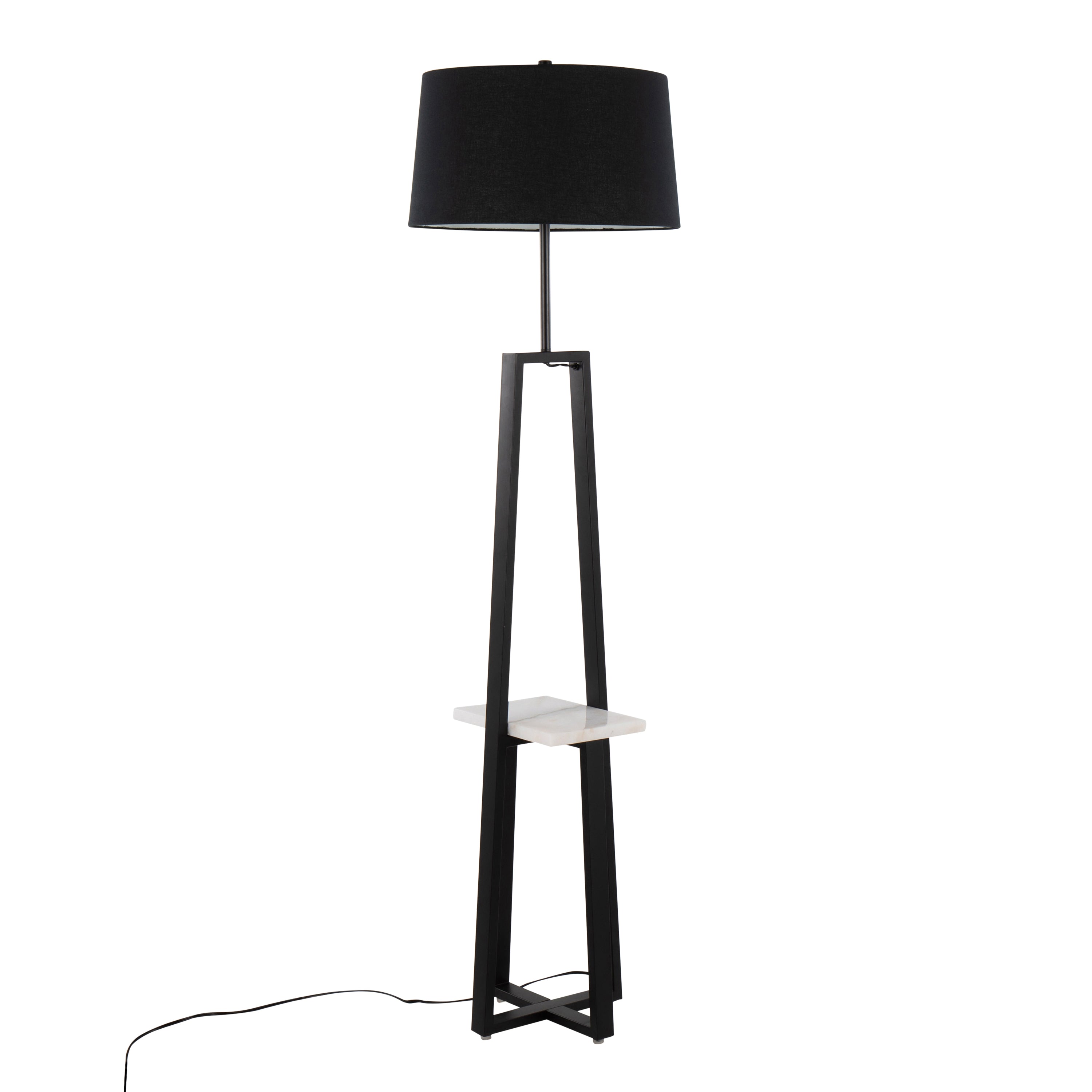 Cosmo Shelf Contemporary/Glam Floor Lamp in White Marble and Black Metal with Black Linen Shade by LumiSource