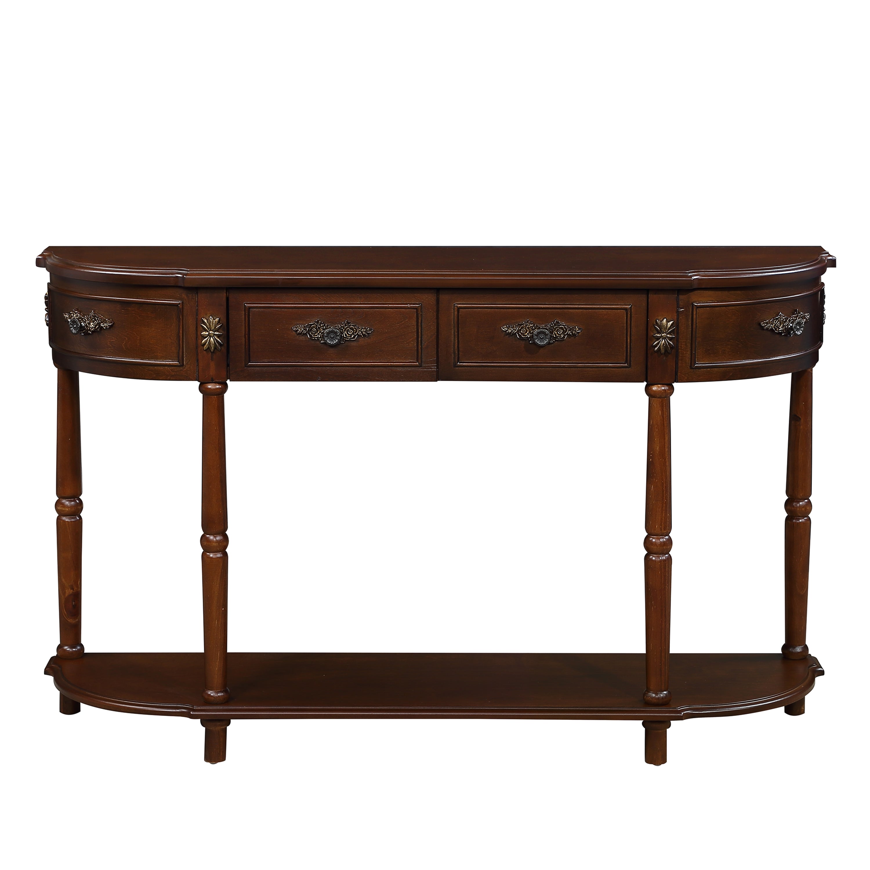 Retro Curved Wood Console Table, 52 inch Circular Half Moon Sofa Table with Open Shelf and 2 Drawers, Solid Wood Entry Table for Living Room, Hallway, Cherry