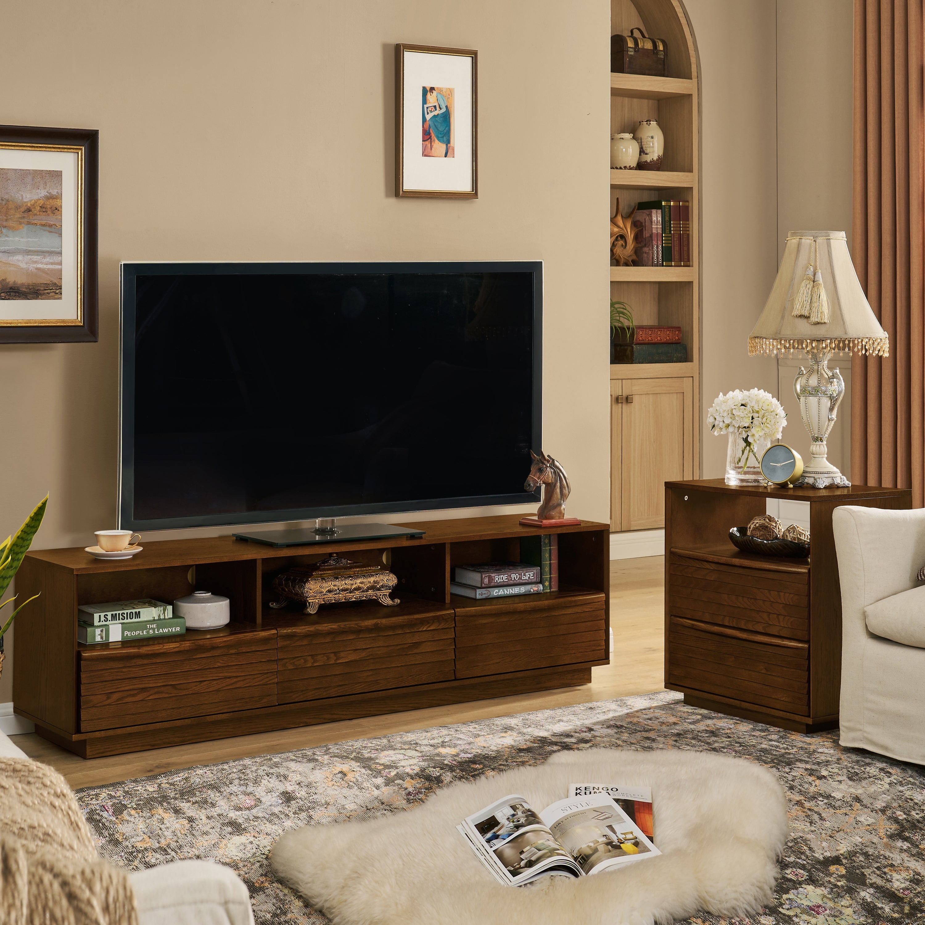 63' Mid-Century Modern TV Stand for TVs up to 75', Thick Sturdy Farmhouse Entertainment Cabinet, Media Console for Living Room, Louver Design & Solid Wood Drawers & Outlet Holes, Walnut