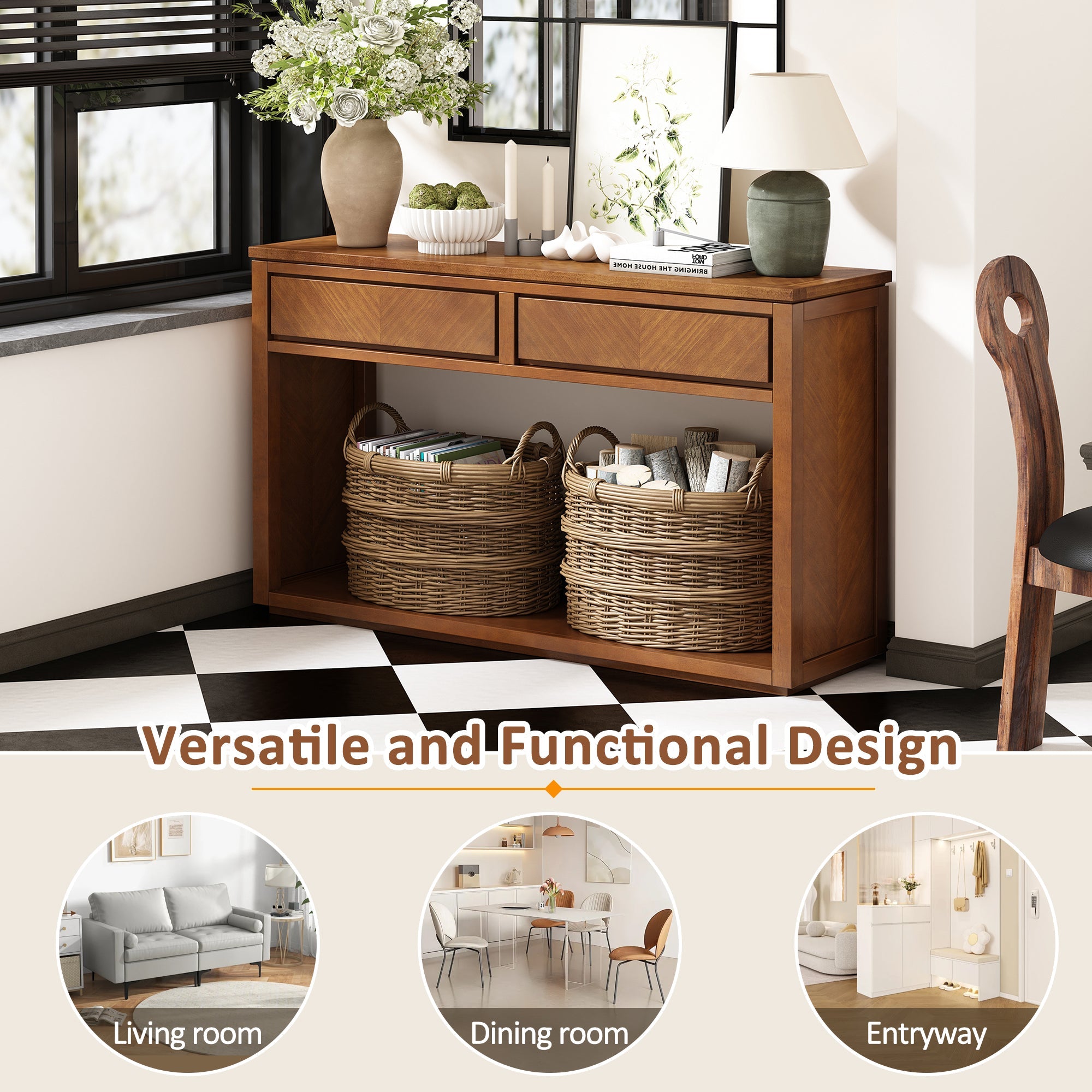 TREXM 55' Console Table, Rustic Wooden Entryway Table with Storage Drawers and Open Shelf, Elegant Sofa Table for Hallway and Living Room (Honey)