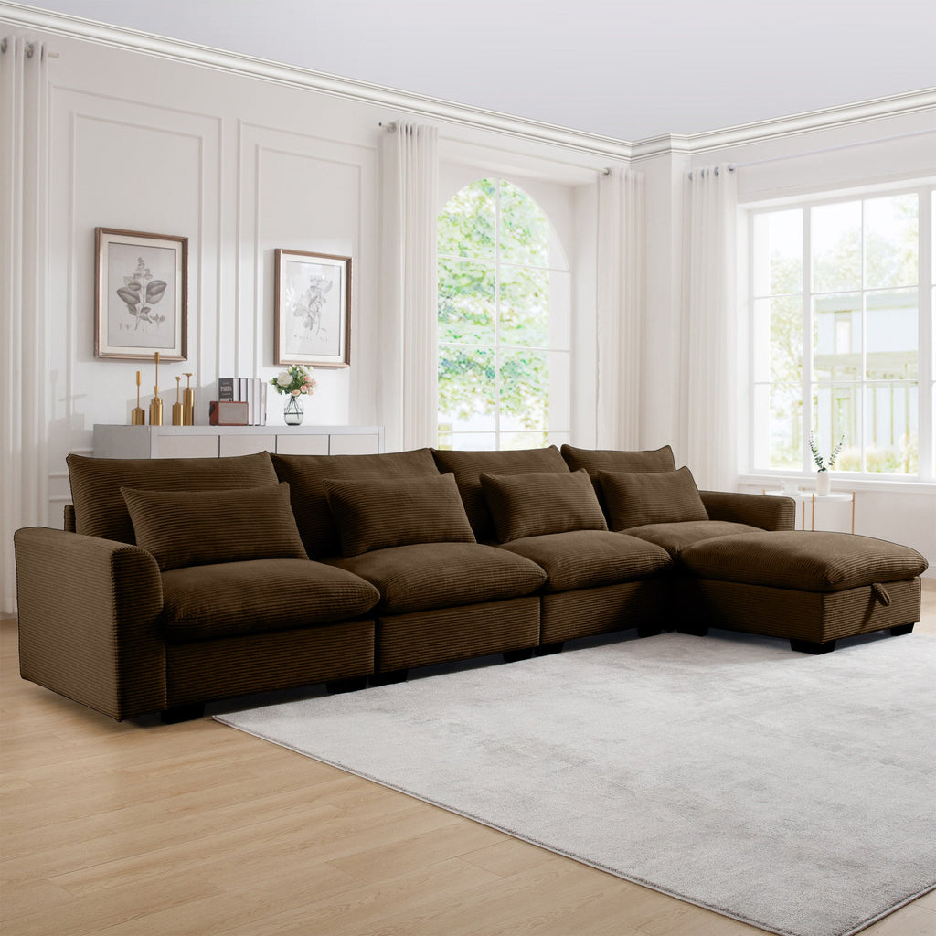 Large L Shape Sectional Corduroy Sofa,Deep Seat Couch with Storage Footstool and 4 Waist Pillows, Brown