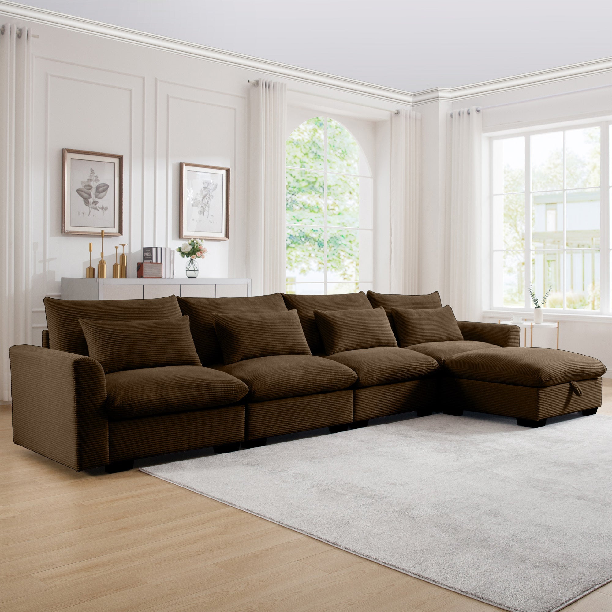Large L Shape Sectional Corduroy Sofa,Deep Seat Couch with Storage Footstool and 4 Waist Pillows, Brown