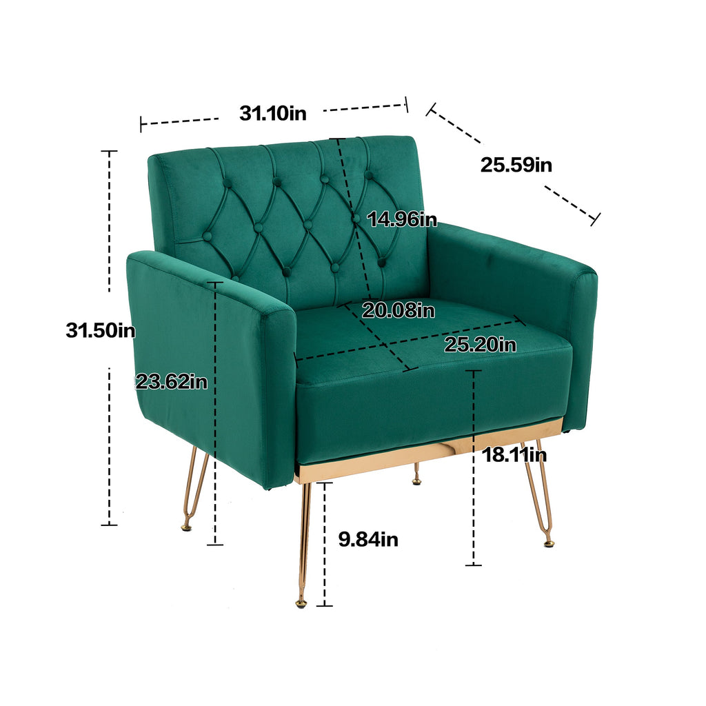 COOLMORE Velvet Armchair Single Sofa Modern Tufted Upholstered Side Reading Chairs with Arm and Gold Metal Leg for Living Room Bedroom (Green)