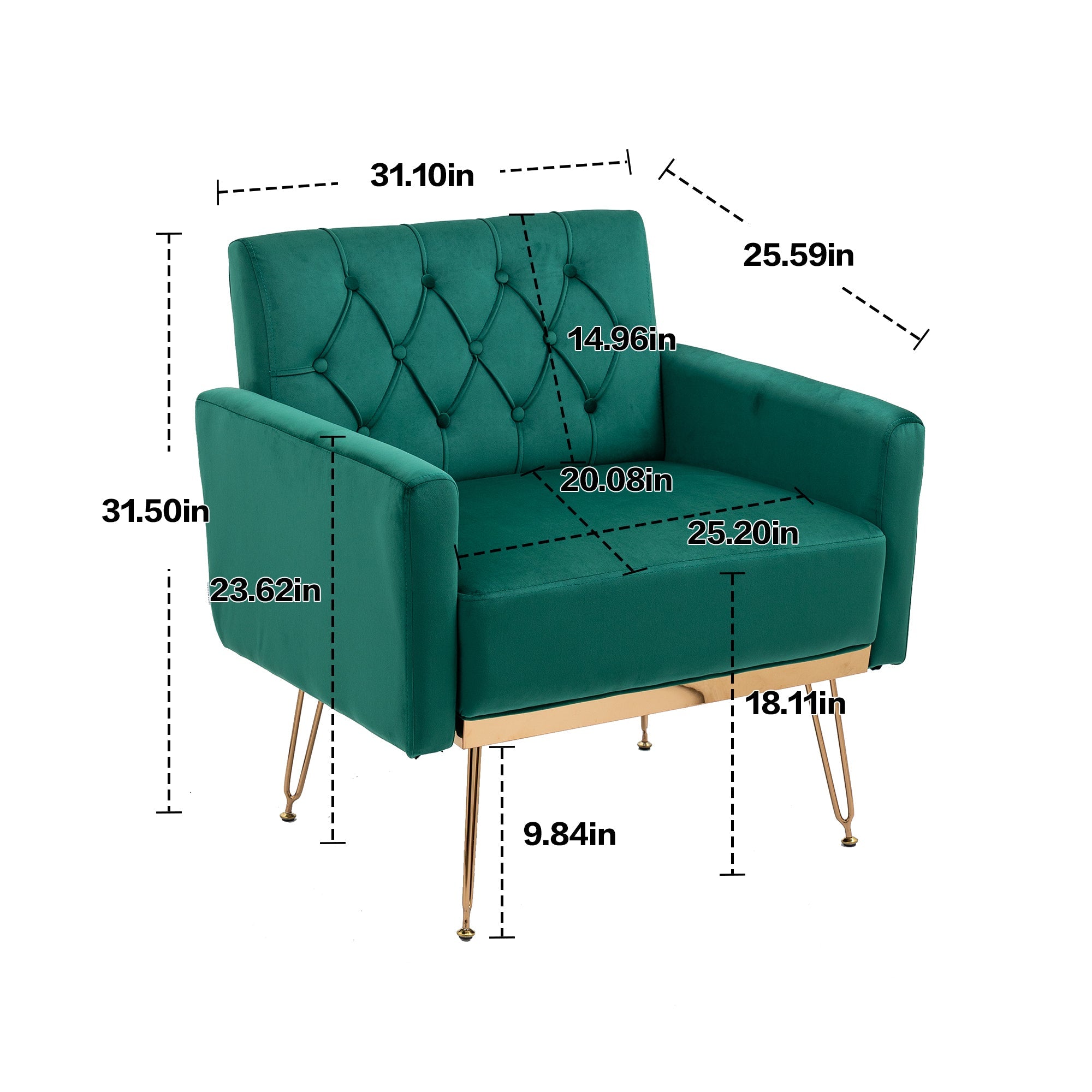 COOLMORE Velvet Armchair Single Sofa Modern Tufted Upholstered Side Reading Chairs with Arm and Gold Metal Leg for Living Room Bedroom (Green)