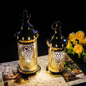 Ramadan lanterns set of 2 gold electric candle holders with lattice pattern and warm glow