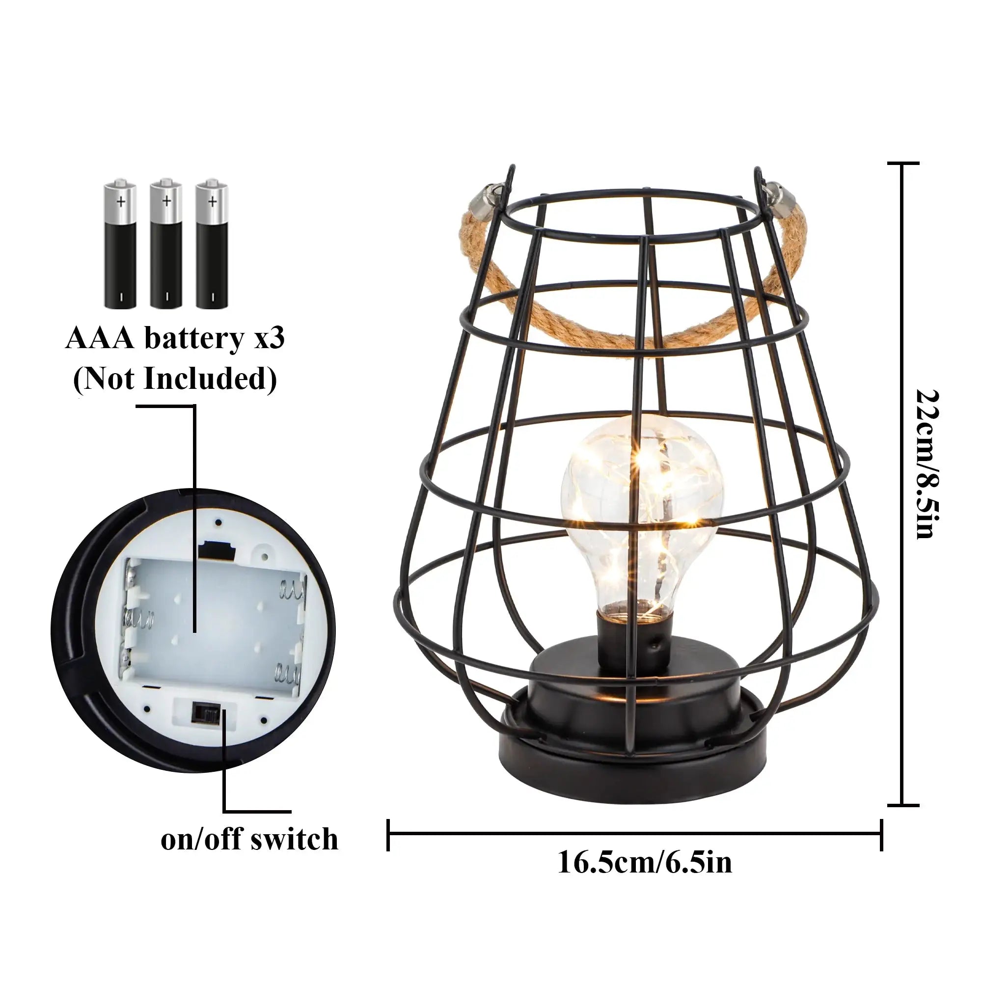 Set of 2 JHY DESIGN cage bulb lantern table lamps, black metal with rope handle, battery-operated.