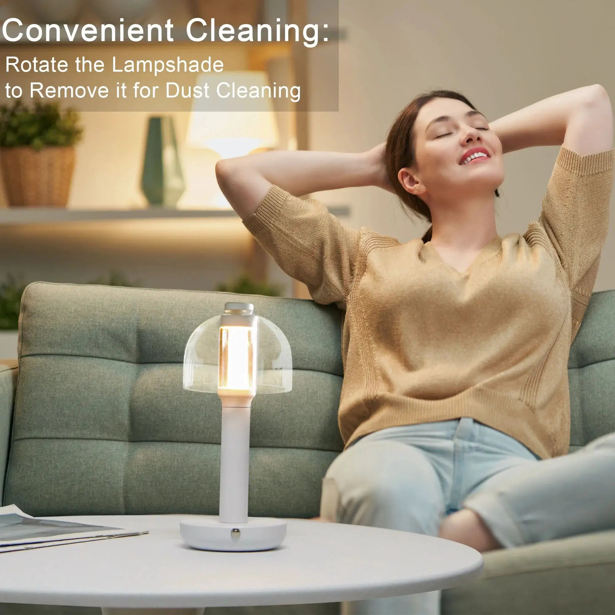 10-inch table lamp with glass shade and white base; battery-operated, 3-color dimmable light