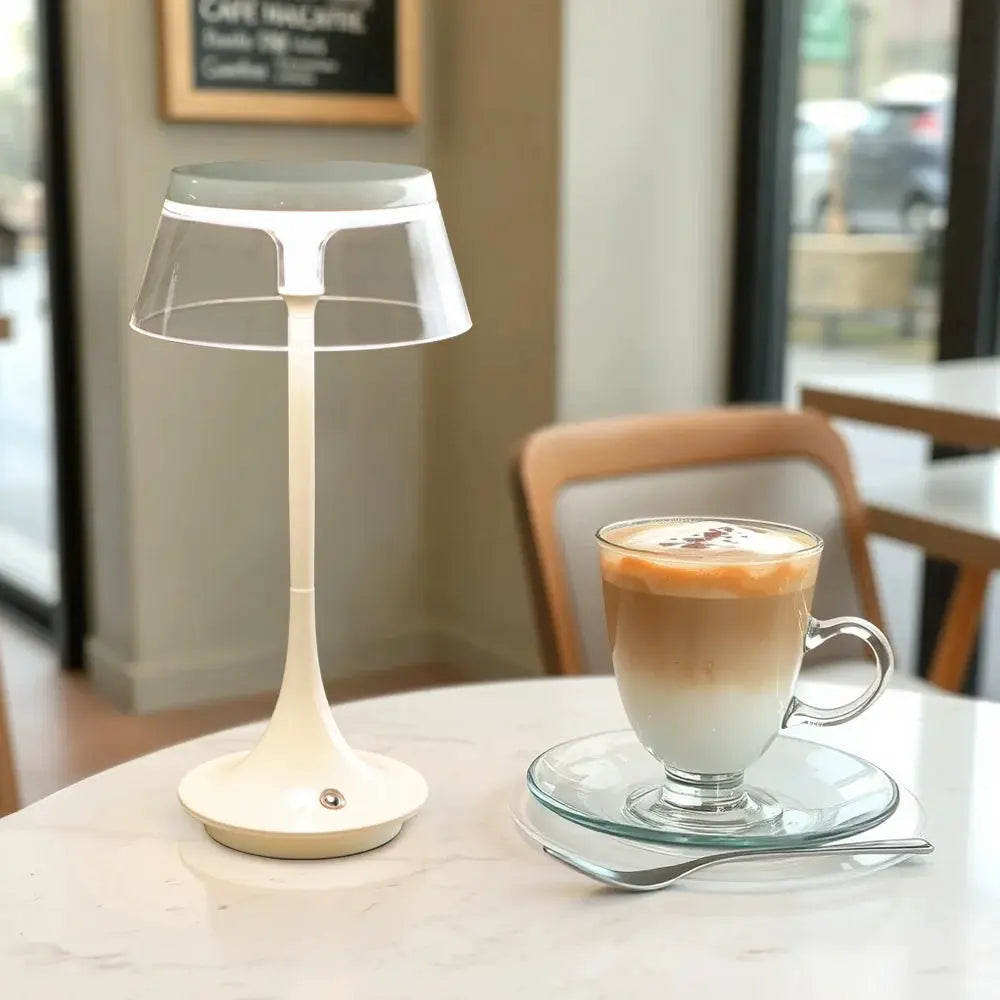 JHY DESIGN 10.5-in tall nightstand lamp, white battery-operated with a clear shade, 3-color dimmable.