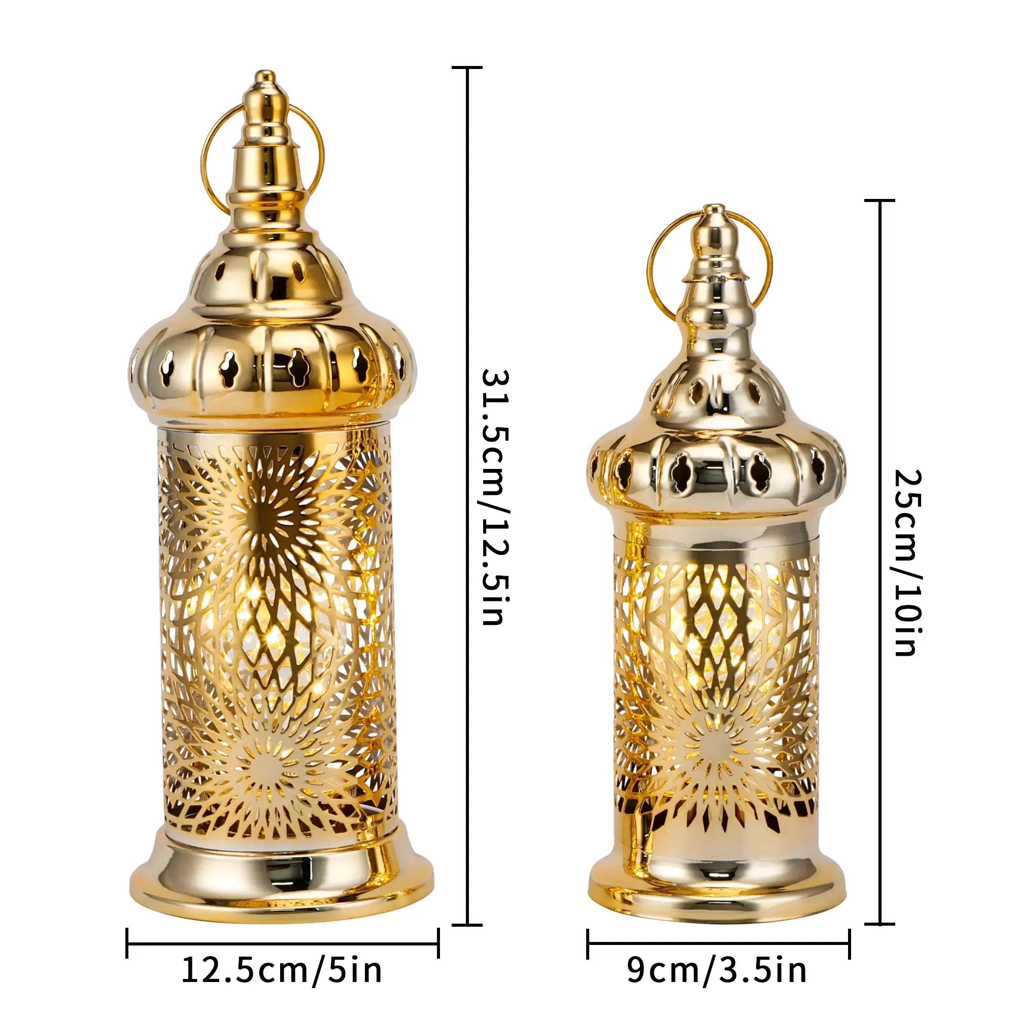 Ramadan lanterns set of 2 gold electric candle holders with ornate lattice design