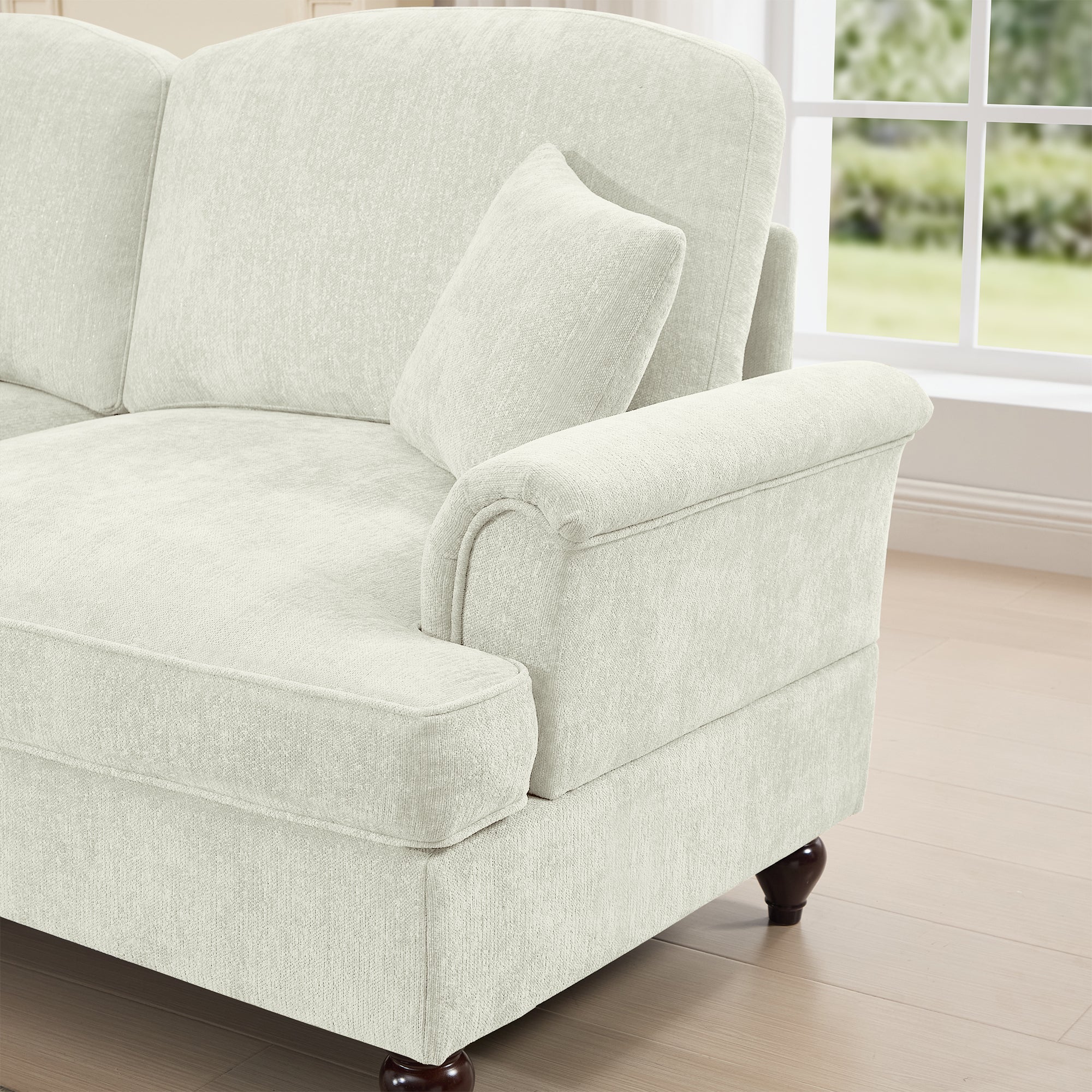 Elegant Mid Century Large 4 Seater Sofa Couch with Flared Arms and Removable Ruffles Pleats Skirts and Spindle Legs, Comfy Chenille Four-Seat Sofa for Living Room, Beige White
