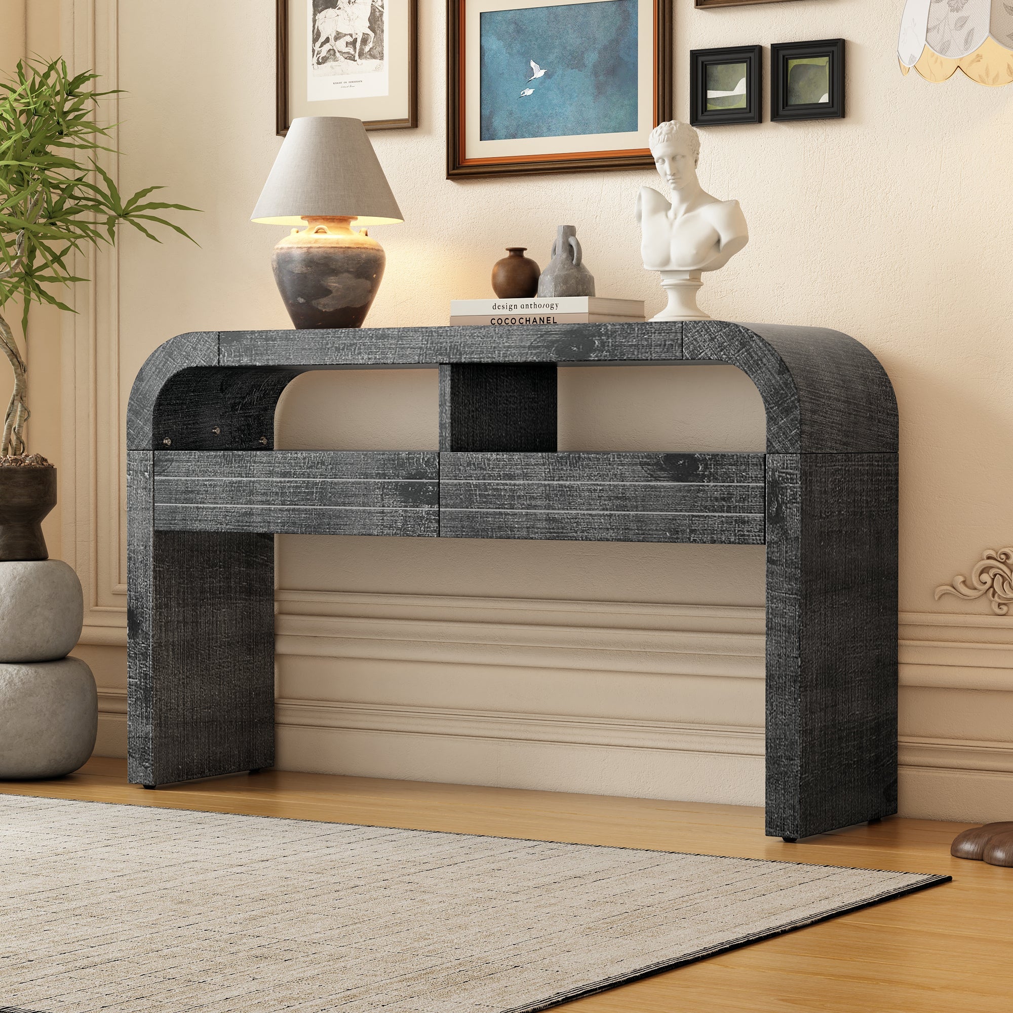 TREXM Console Table Entryway Table, Retro Curved Sofa Table with 2 Large Drawers, Narrow Console Table for Living Room Hallway Entrance, 52''×14''×31.5'', Antique Black