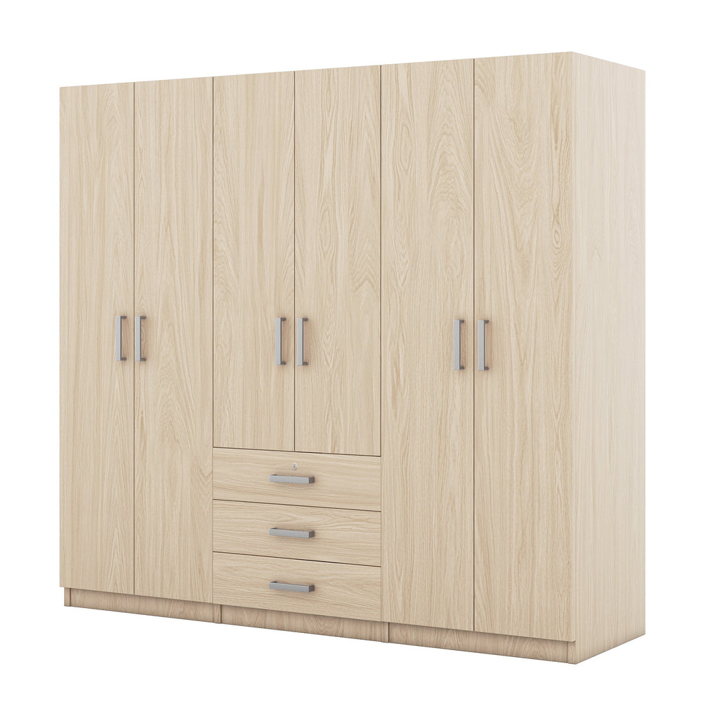6-Doors Wooden Wardrobe Storage for Bedroom, with Big Drawers, Gray
