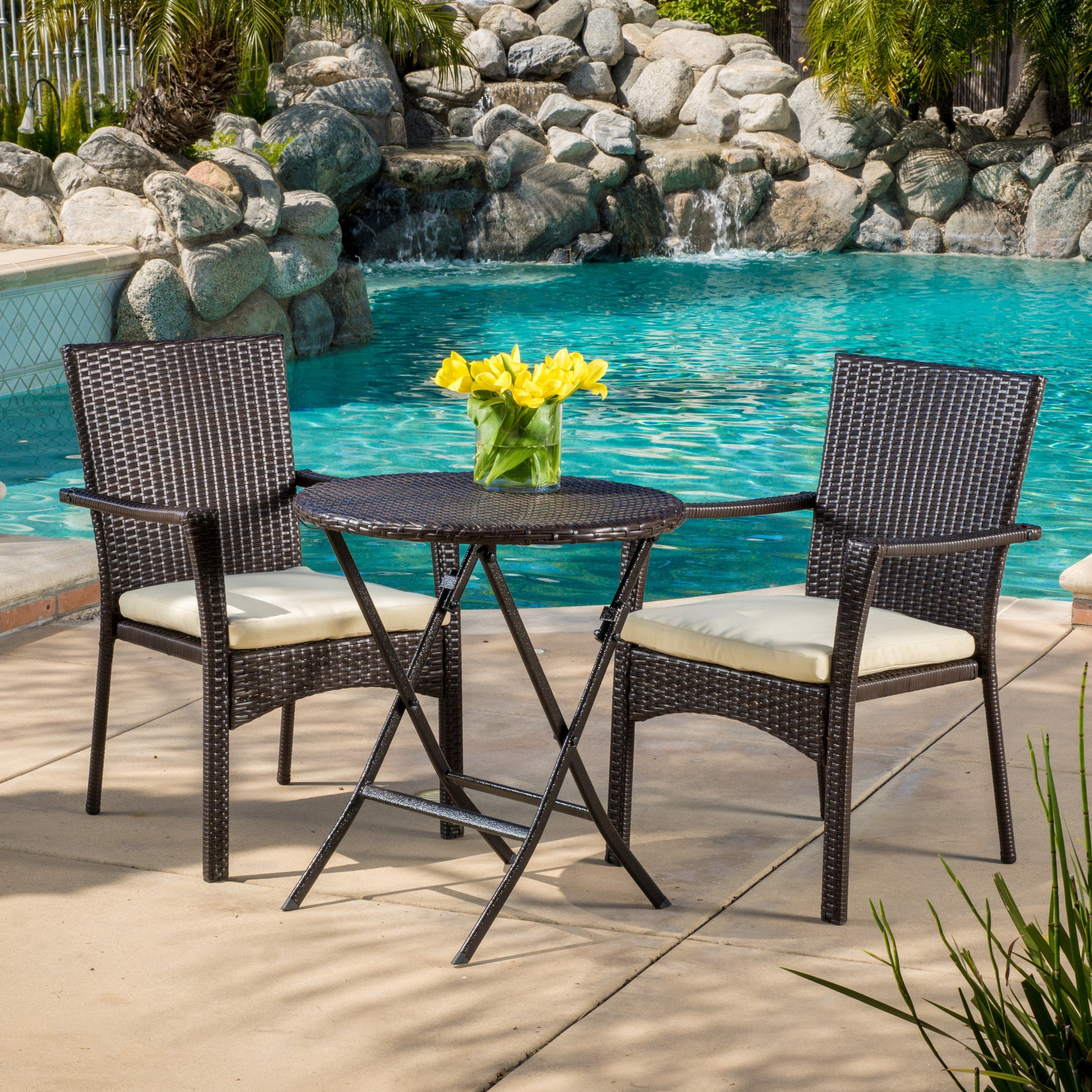 Outdoor 3-Piece Bistro Set with Water Resistant Cushions and 2 Chairs, Brown Multi