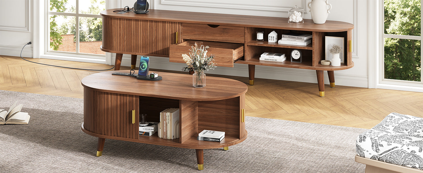 Wooden Farmhouse TV Stand & Coffee Table Set with Charging Station, Oval Fluted Media Console with Sliding Doors for TVs up to 80', Mid-Century Center Table with Solid Wood Legs for Living Room,Walnut