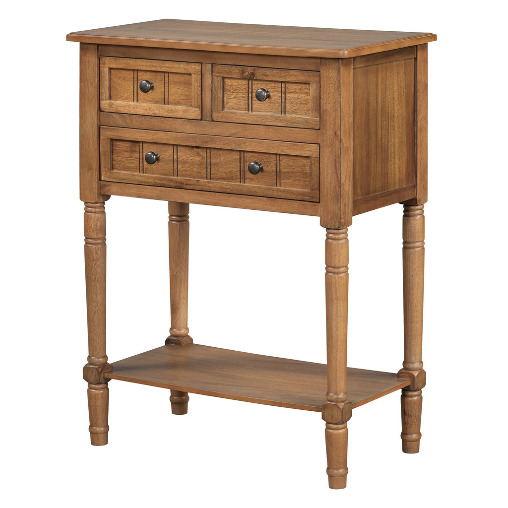 TREXM Narrow Console Table, Slim Sofa Table with Three Storage Drawers and Bottom Shelf (Natural)