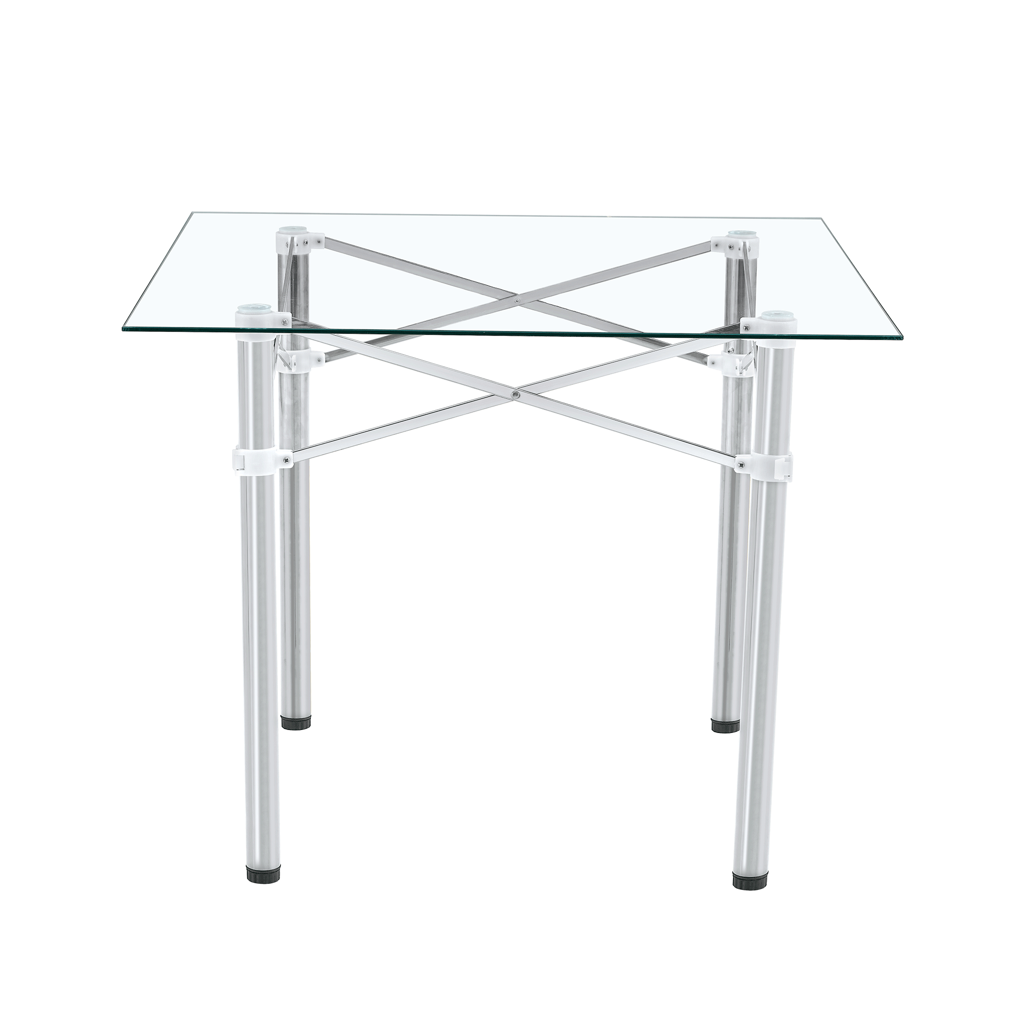 Elegant Expandable Square Glass Table - 36' Clear Tempered Glass, Silver Metal Legs.Telescopic metal legs, transparent square glass tabletop, suction cup attachment connection.