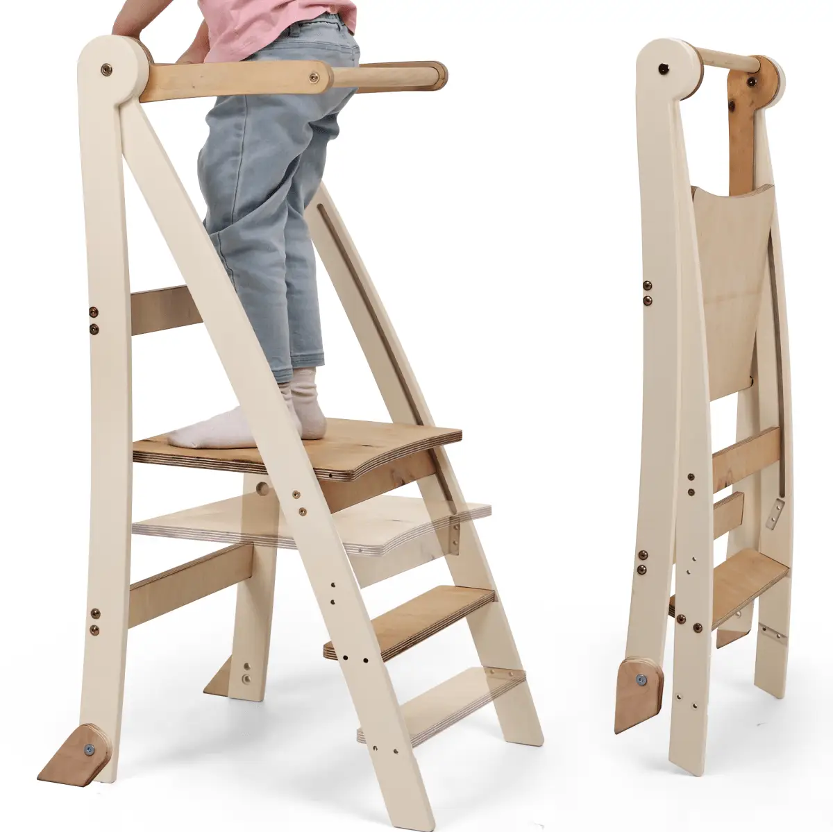 Goodevas Adjustable Montessori Toddler Tower high chair; cream frame, natural wood steps, two towers shown.