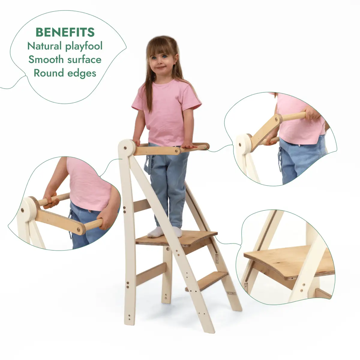 Adjustable Montessori Tower by Goodevas; kids step stool in natural wood with a white frame.