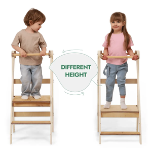Goodevas Adjustable Montessori Tower toddler high chair; natural wood, two stools at different heights.