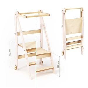 Adjustable Montessori Toddler Tower by Goodevas, white frame with natural wood steps; 2 items shown.
