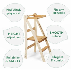 Adjustable Montessori Tower toddler step stool by Goodevas in natural wood with height adjustability and smooth surface.