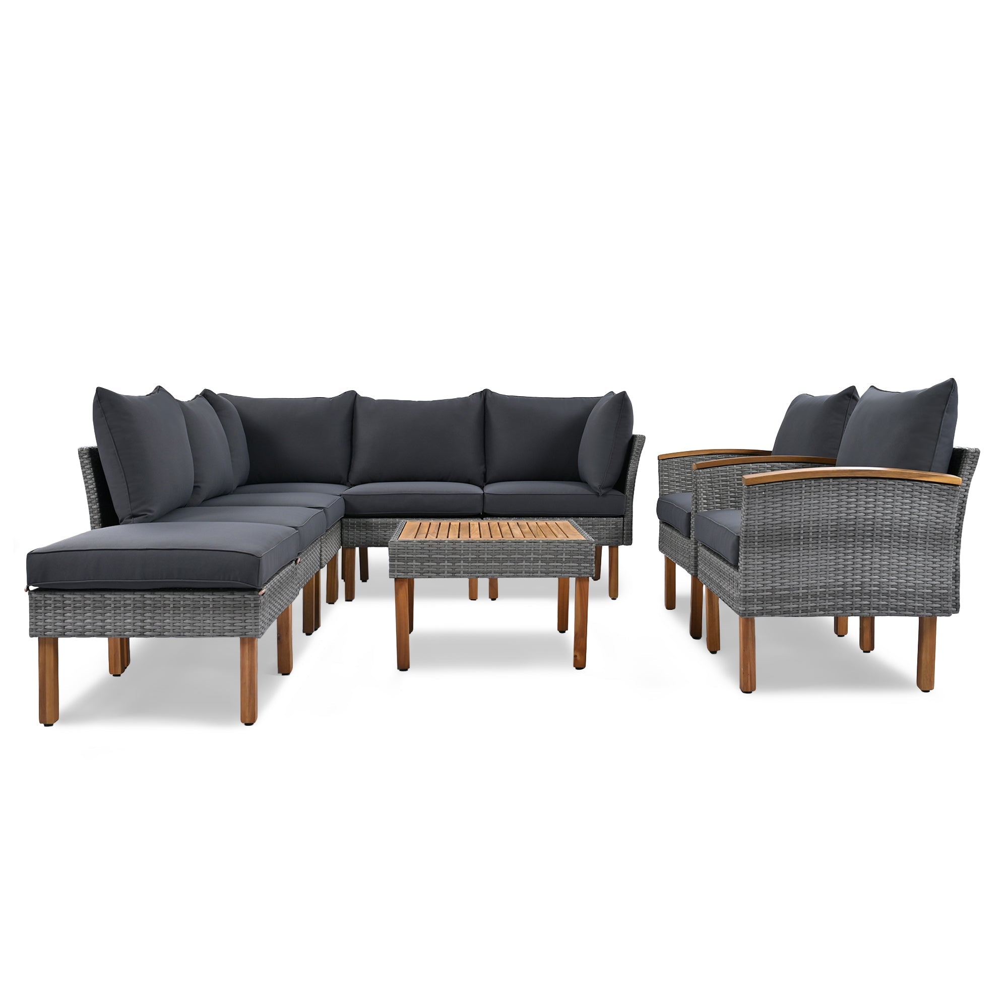 GO 9-Piece Patio Rattan Furniture Set, Outdoor Conversation Set With Acacia Wood Legs and Tabletop, PE Rattan Sectional Sofa Set with Coffee Table, Washable Cushion, Gray