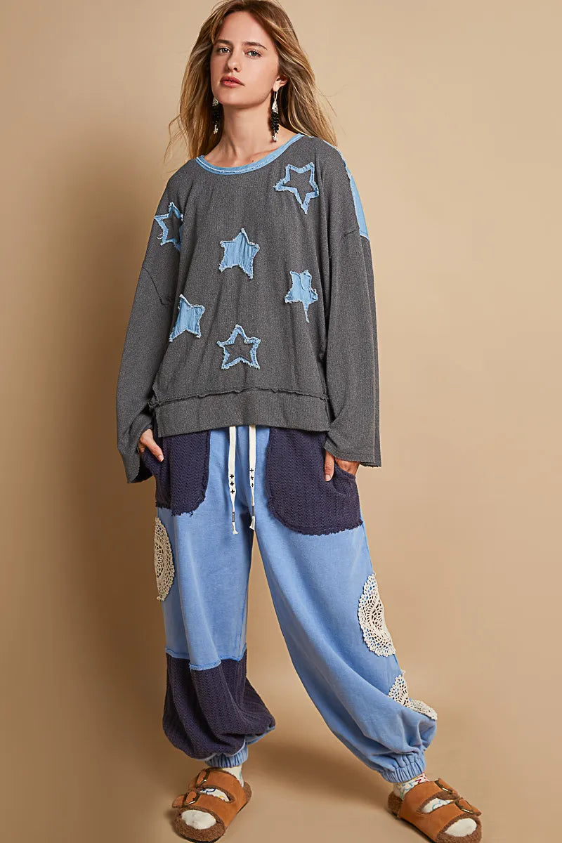 POL Exposed Seam Relaxed Fit Sweater with Star Denim Patch