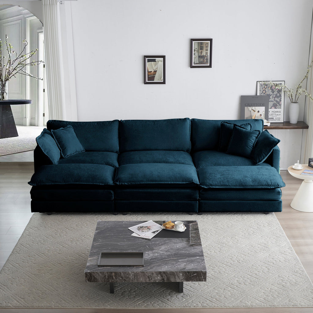 Comfortable Deep Seat Reversible Modular 6 Seater Sectional Super Soft Sofa U Shaped Sectional Couch with 3 Ottomans, 3 Toss Pillows and 2 Arm Pillows , Blue Chenille