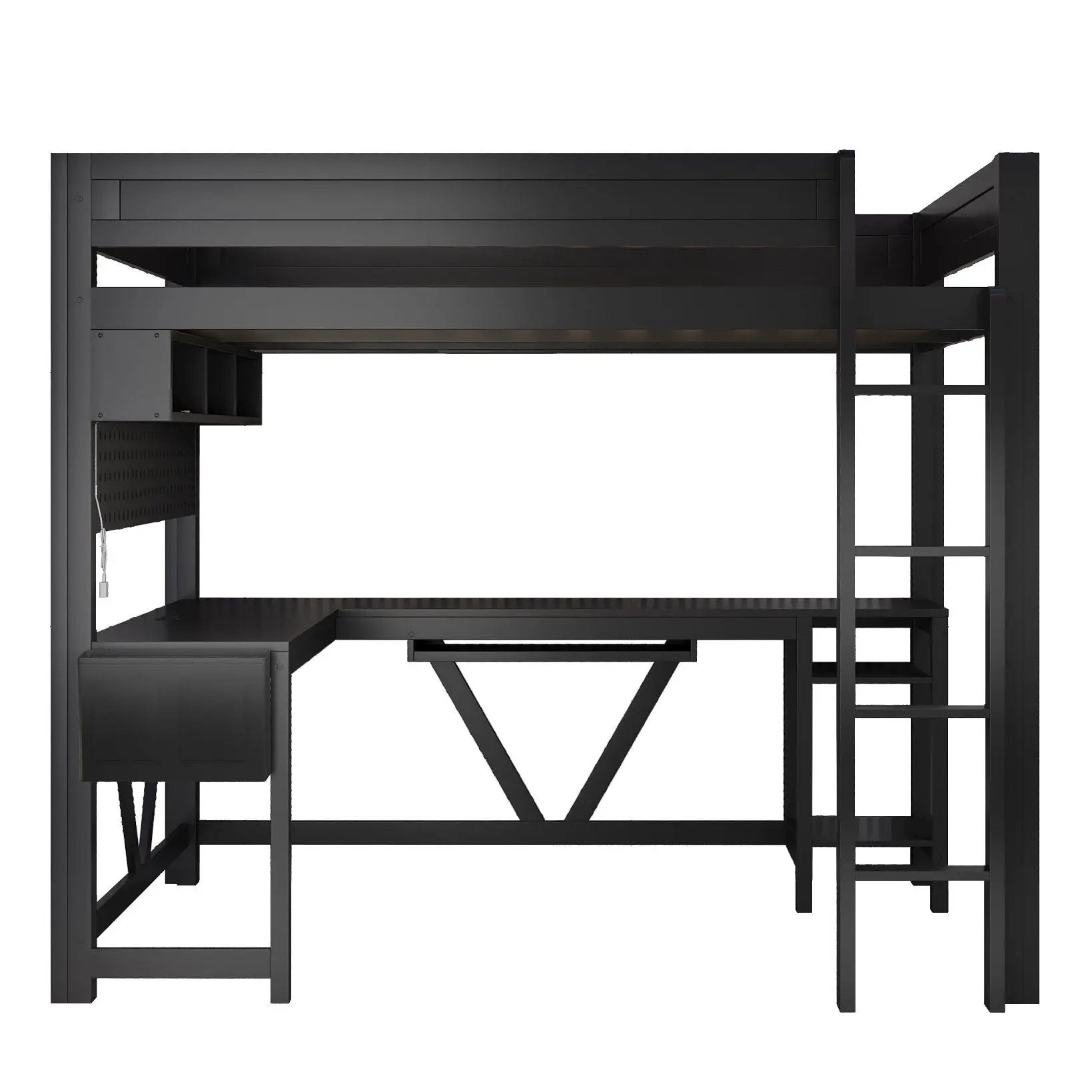 Gaming Loft Bed With Desk, Storage Shelves, LED And Charging Station
