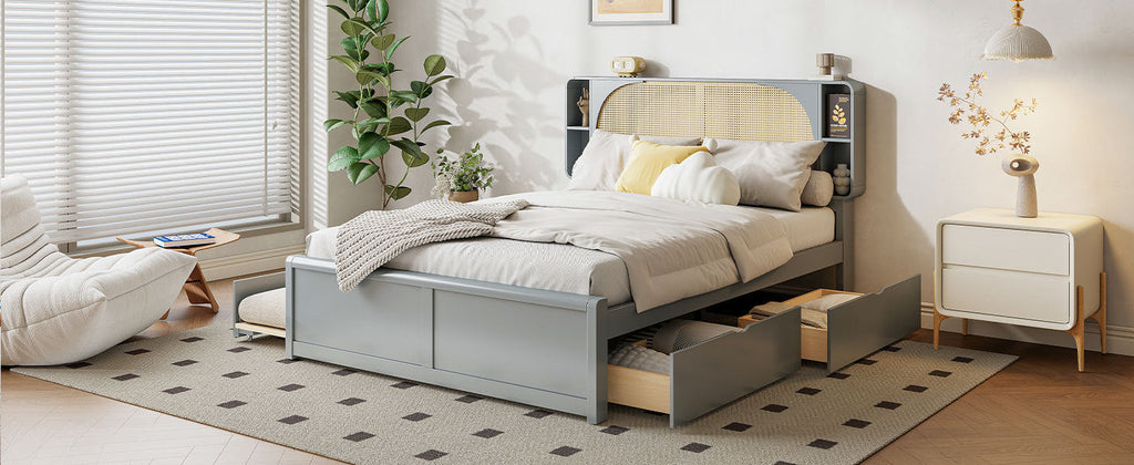 Queen Size Rattan Headboard Bed with Two Drawers and Trundle, Gray