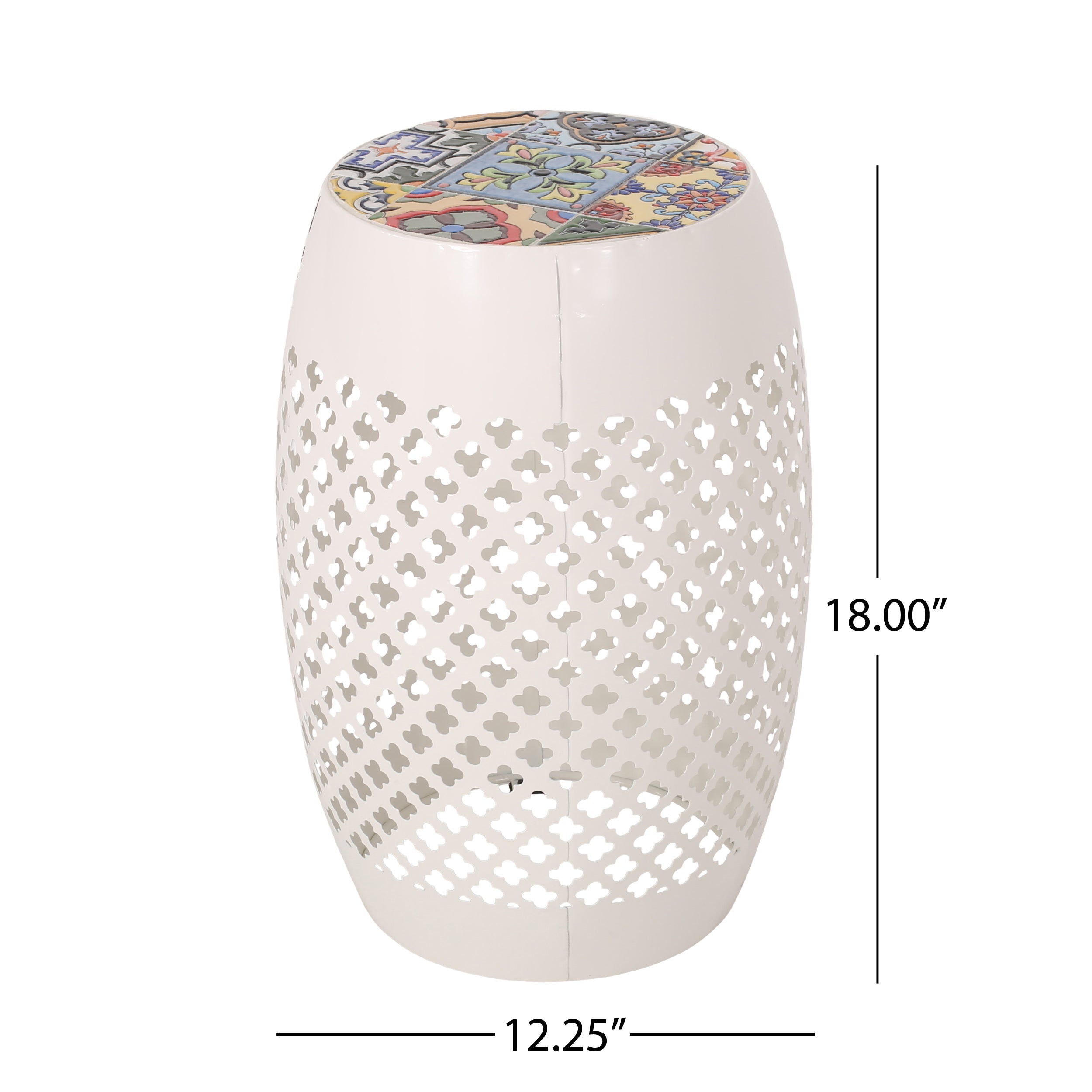 Transitional ROSWELL Side Table with Tile Mosaic Top and Lace Cut Metal Frame in White, Iron, 12.25x12.25x18 Inches