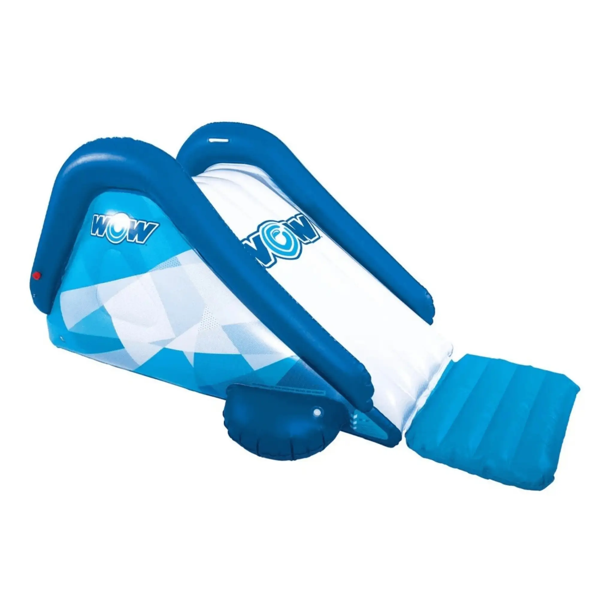 WOW Cascade Pool Slide; blue inflatable water slide with two rails and white diamond pattern
