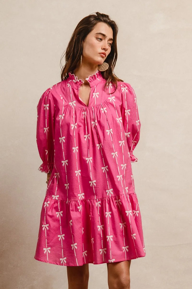 BiBi Ribbon Patterns With Scallops Edge Details Short Sleeve Dress