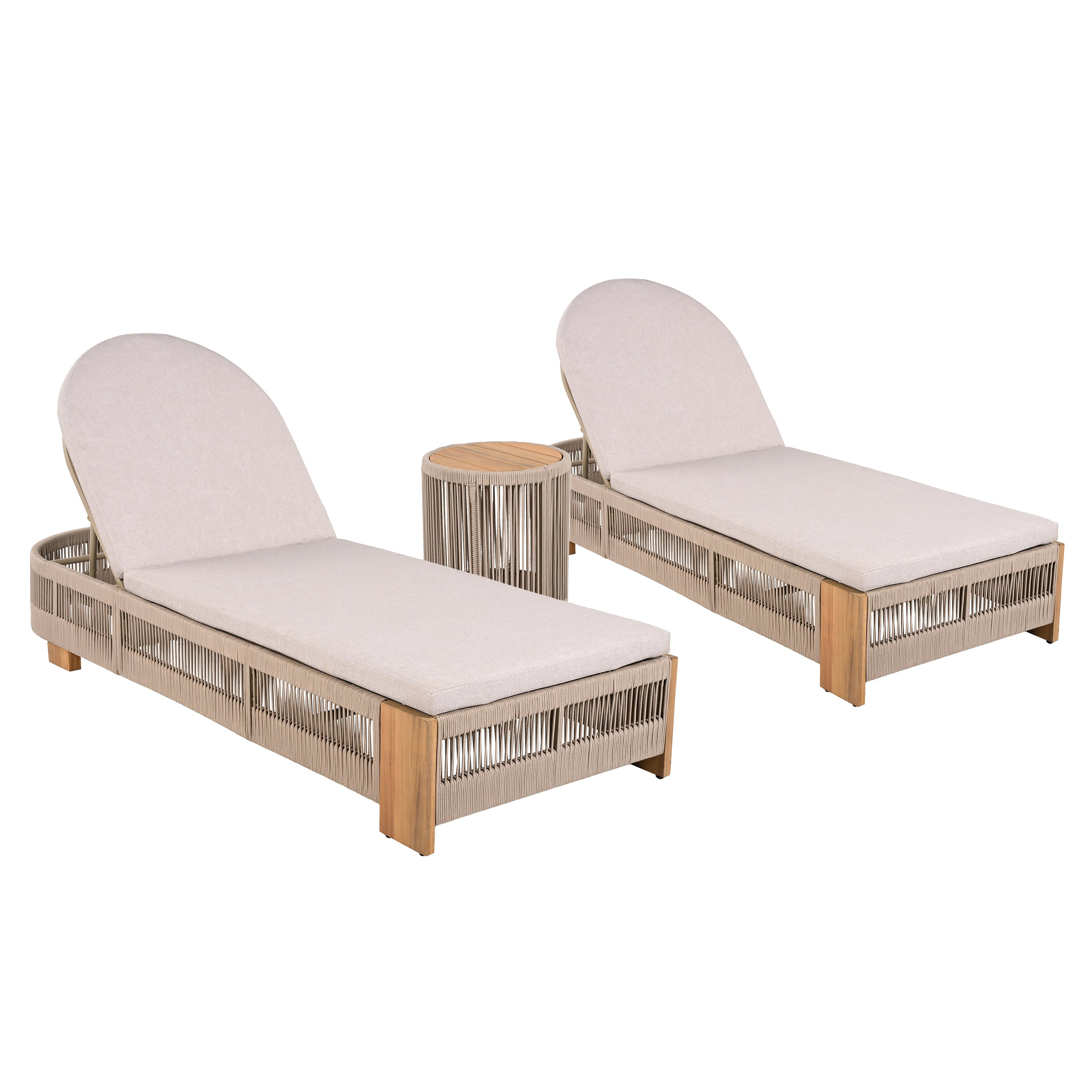 Outdoor Rope Chaise Lounge Set of 5, Patio Lounge Chairs, Outside Poolside Lounge Furniture, Teak look wood Side Table and Beige Cushions, Chaise Lounge with Adjustable Backrest( Beige rope)