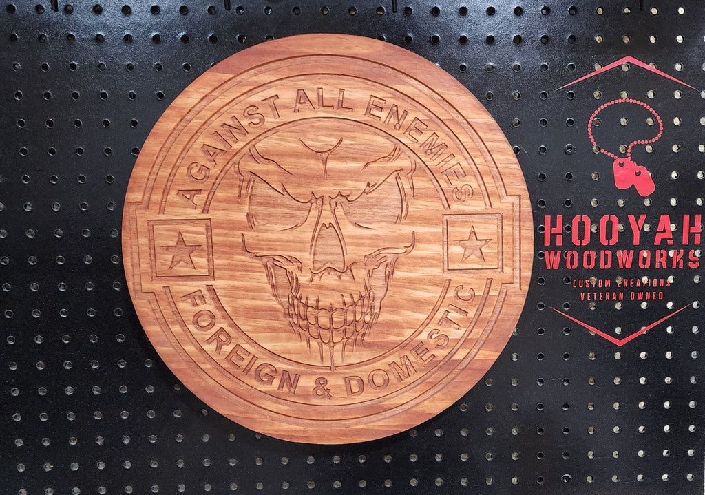 Against all enemies skull sign.