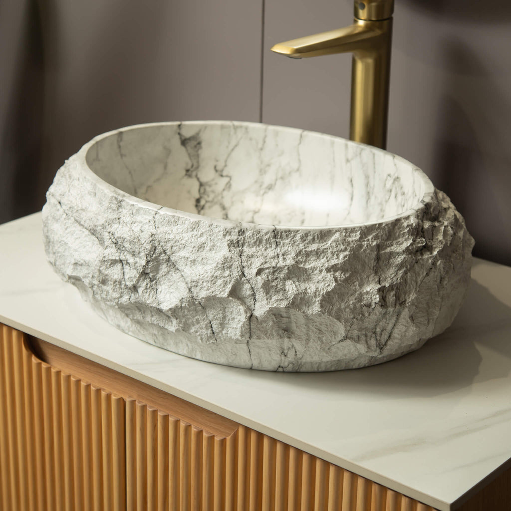 Alora 18-Inch Ivory Oval Bathroom Resin Vessel Basin Sink With Stone Pattern (SAK79130)
