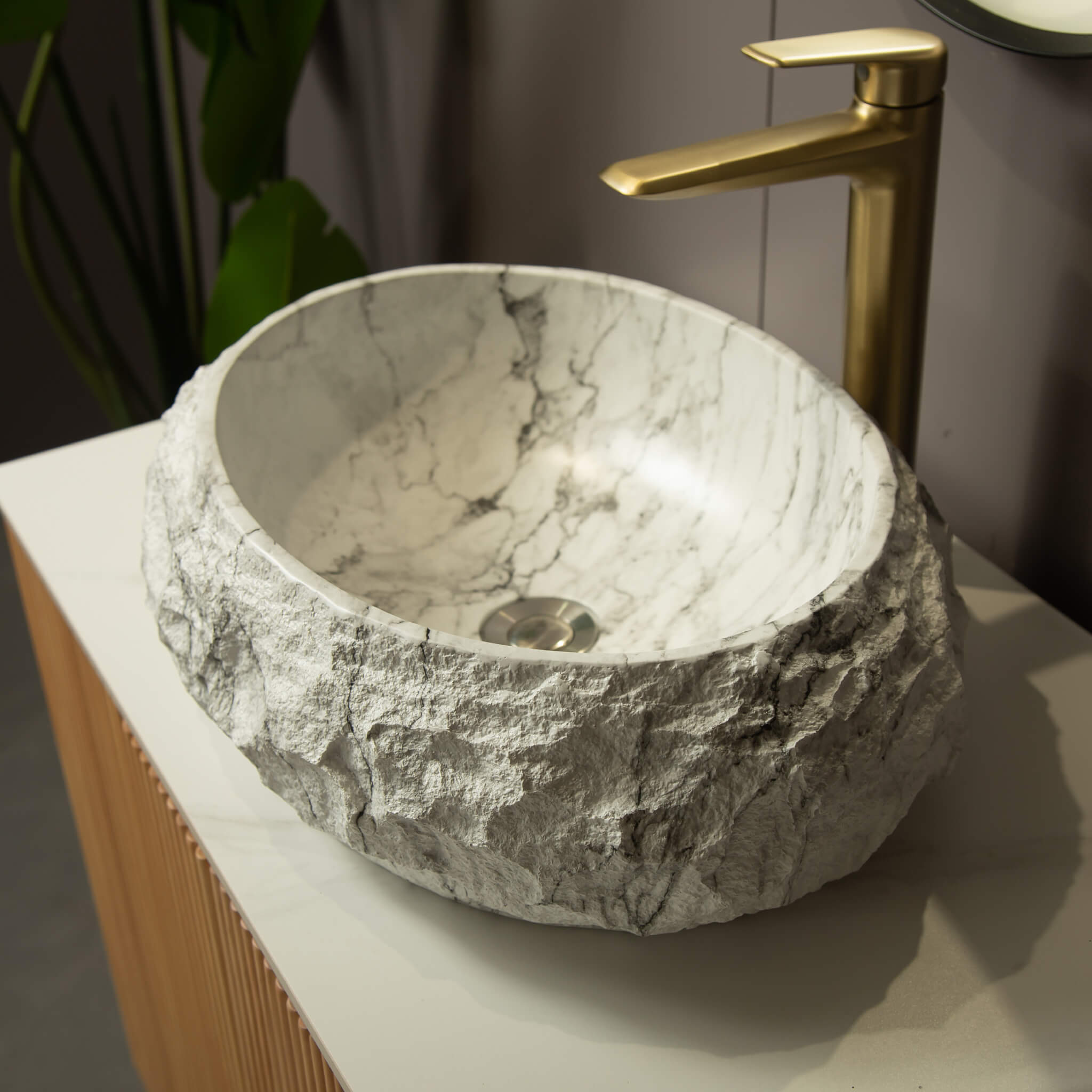 Alora 18-Inch Ivory Oval Bathroom Resin Vessel Basin Sink With Stone Pattern (SAK79130)