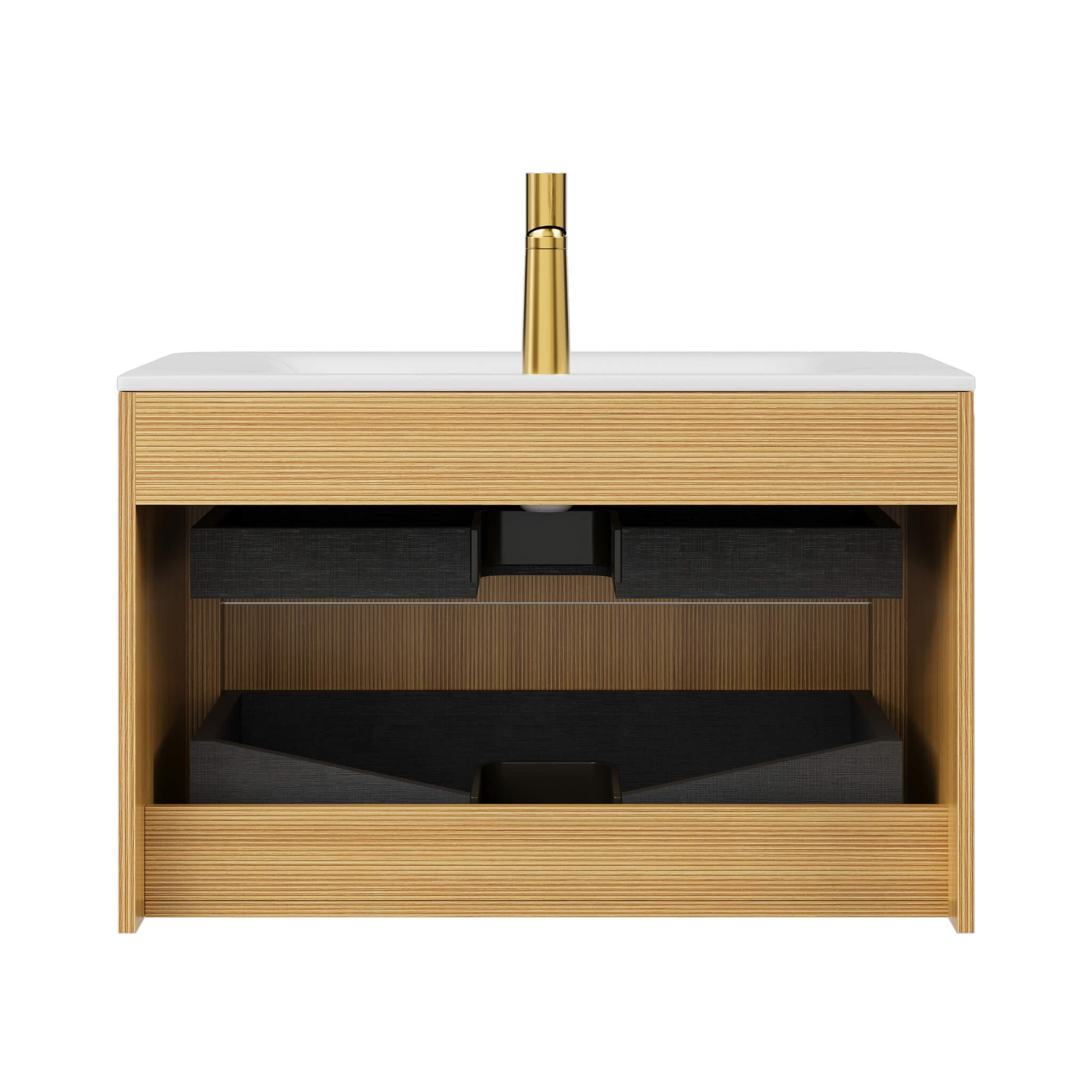 Wooden bathroom vanity with white countertop and gold faucet on a white background