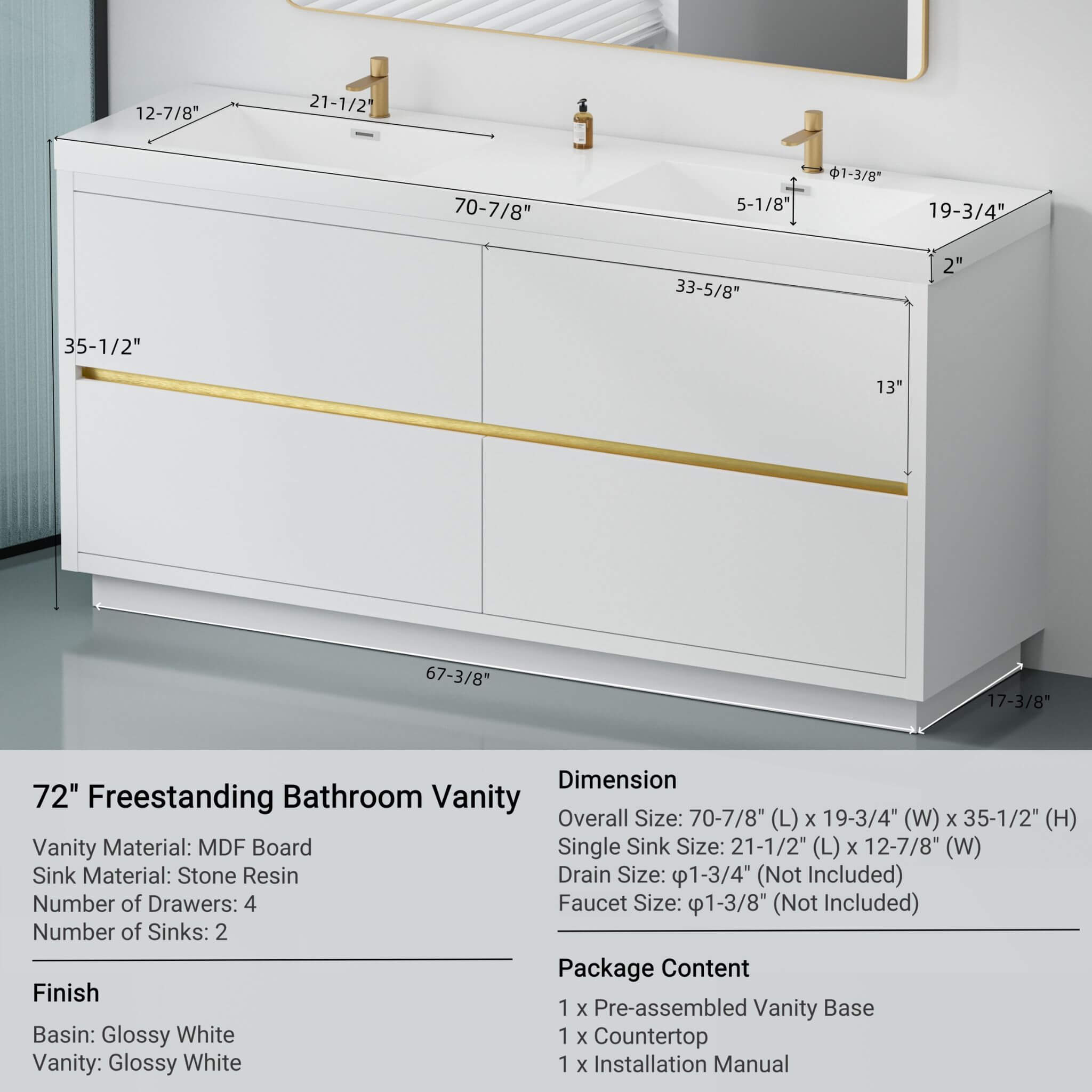 Alora 72-Inch White Freestanding Bathroom Vanity With Sink And Stone Resin Countertop (SAK31520)