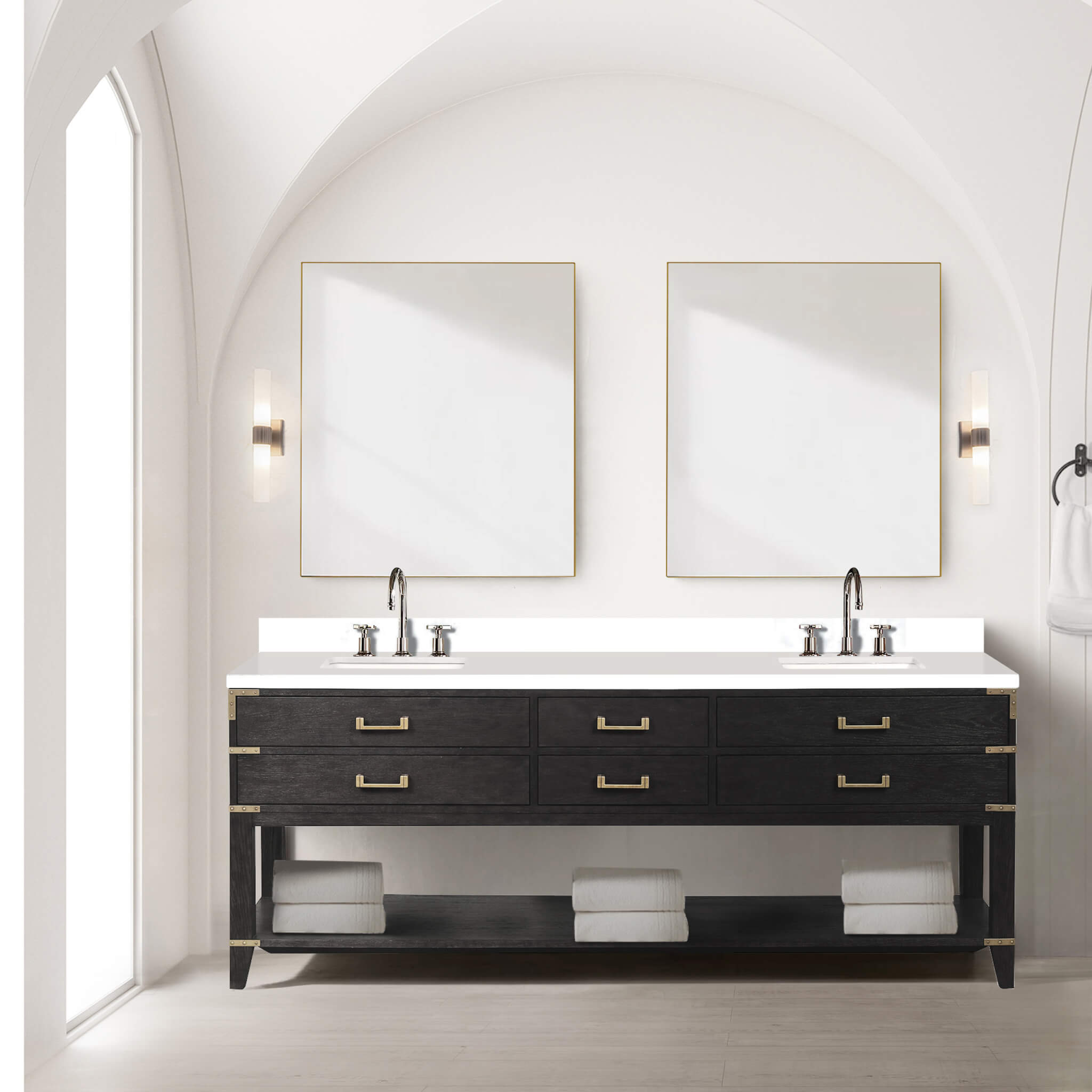 Alora 84-Inch Black Oak Double Bathroom Vanity With White Quartz Top (SAK43761)