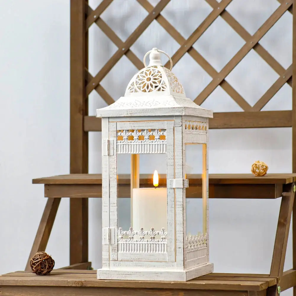 Decorative candle lantern, 14.5in high, beige with gold brush finish, metal