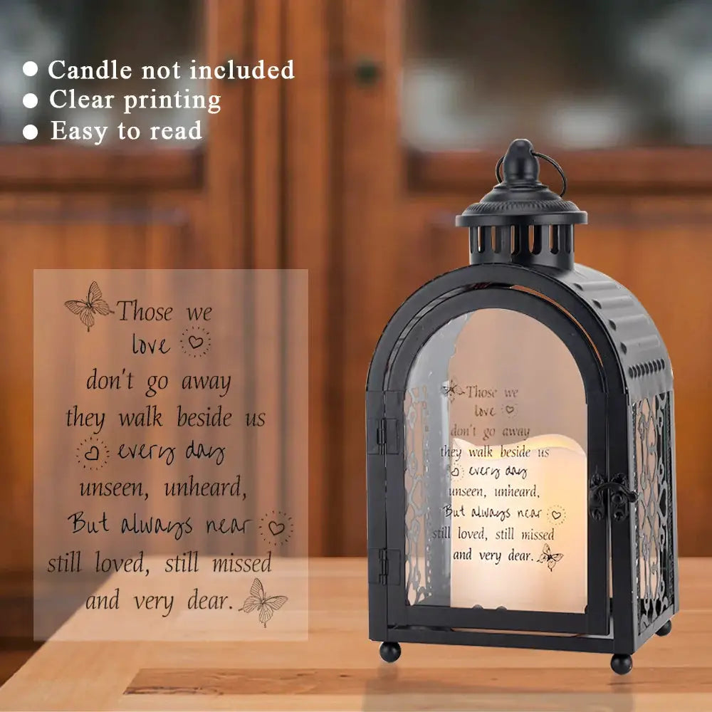 Black 11-inch high memorial lantern with automatic timer; metal frame and glass panels
