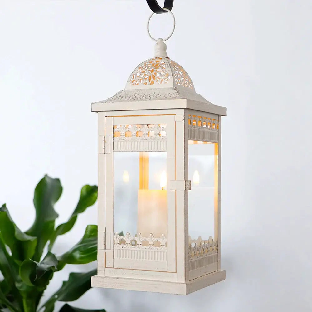 Decorative candle lantern, beige with gold brush, 14.5in tall, JHY DESIGN