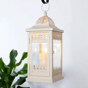 Decorative candle lantern, beige with gold brush, 14.5in tall, JHY DESIGN