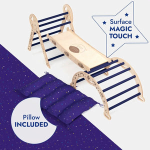 Goodevas Apollo 4in1 climbing set with wooden Pikler triangle, navy blue rungs, slide board and cushion