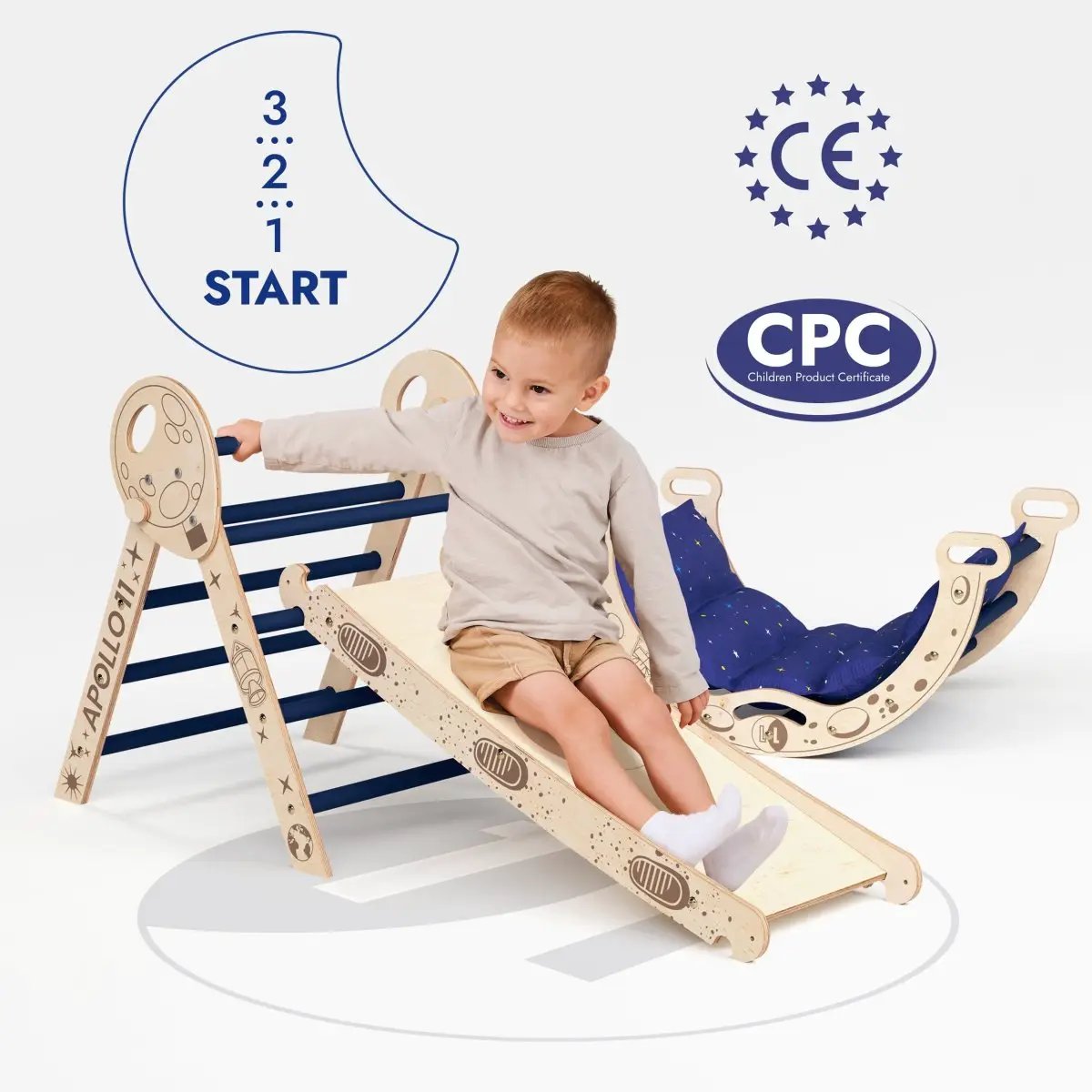 Goodevas Apollo 4in1 wooden climbing set for toddlers: Pikler triangle, slide board, arch, and blue star cushion.