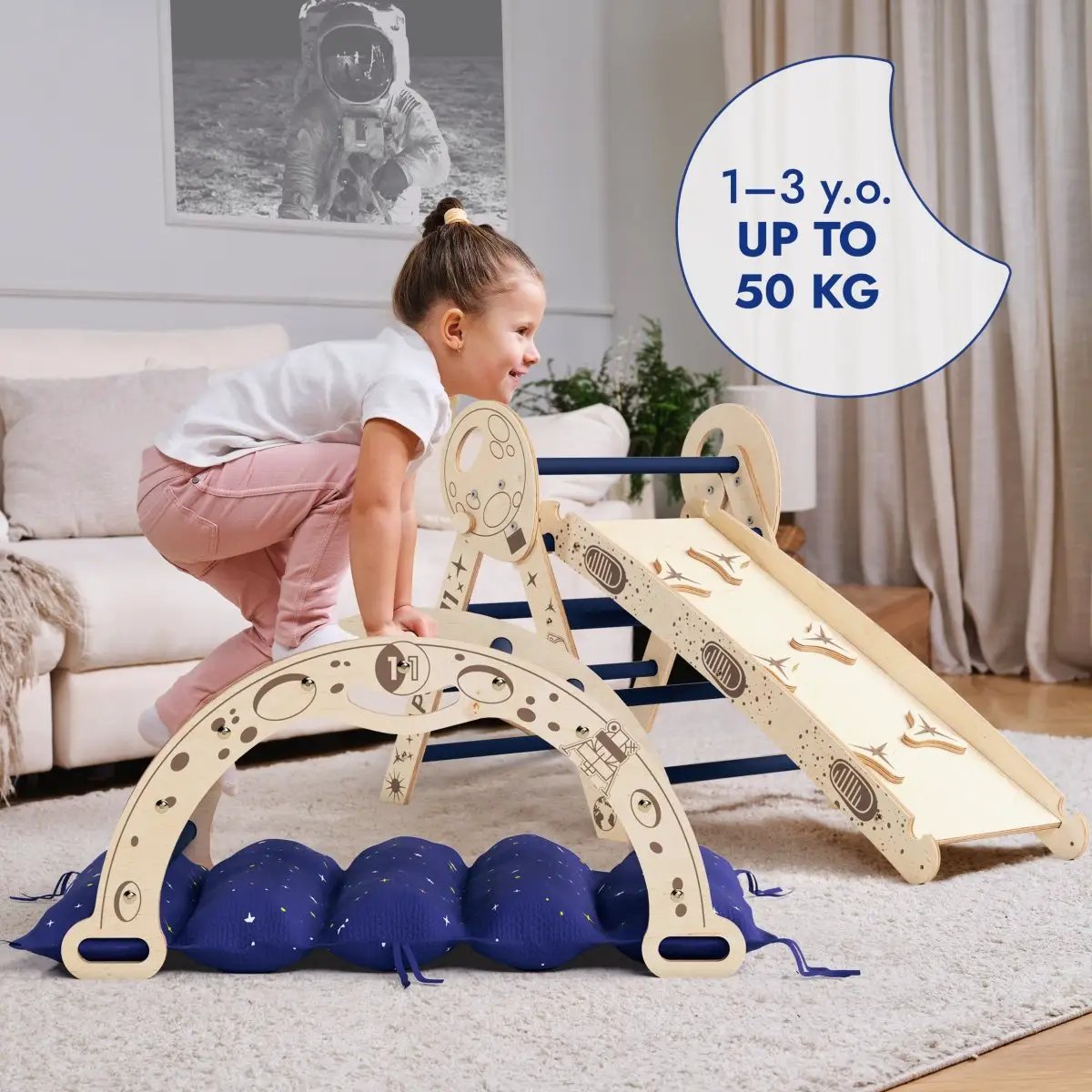 Apollo 4in1 climbing set for toddlers; natural wood Pikler triangle with arch, slide board, and blue cushion base.